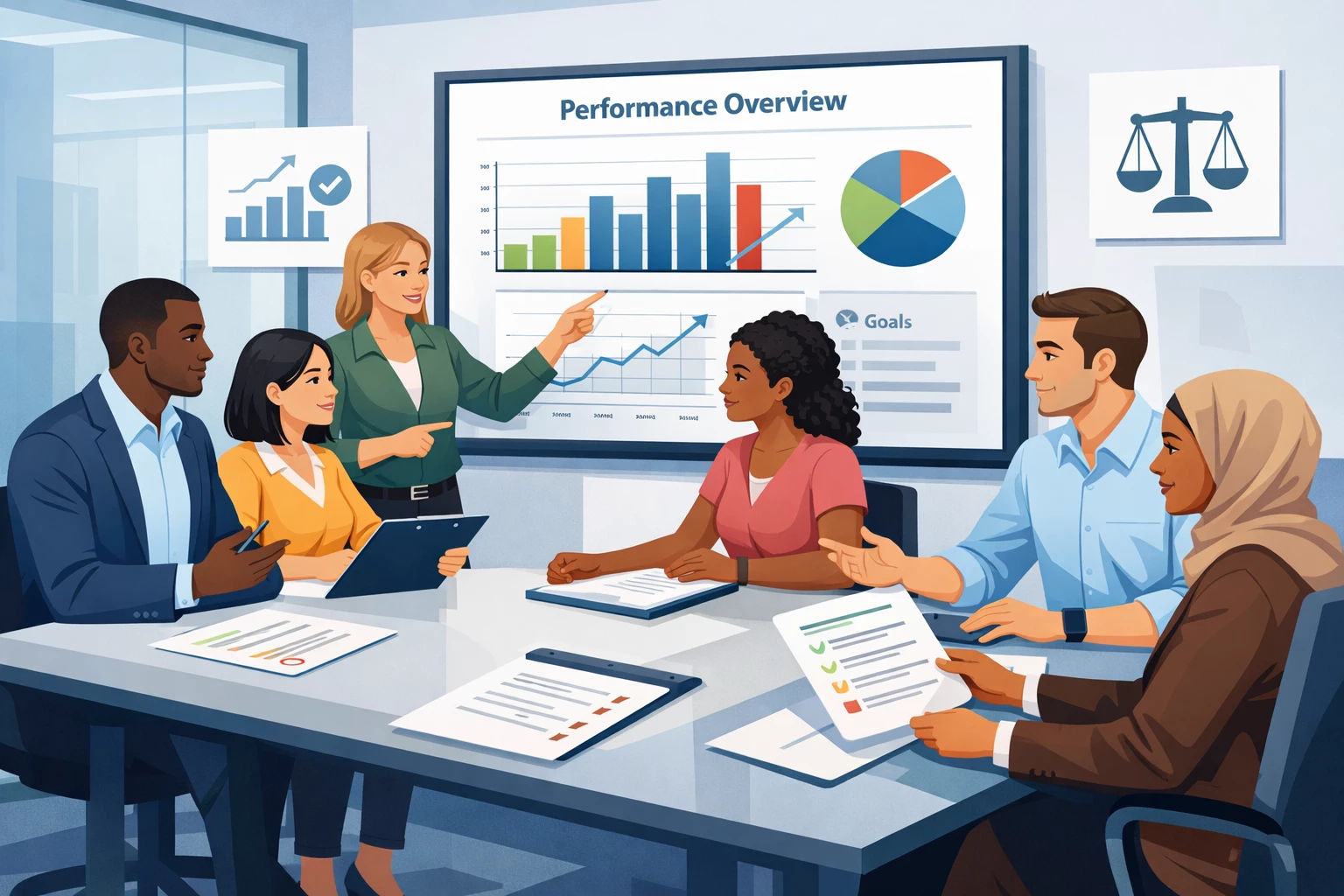 Business illustration of managers and employees collaborating on performance discussions, reviewing dashboards and charts, emphasizing transparency and accountability.