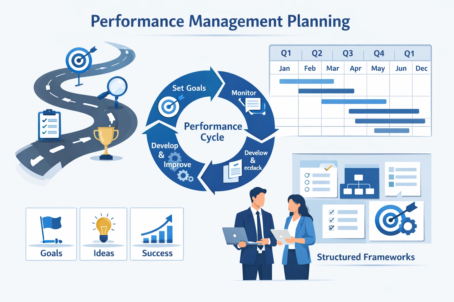 Illustration of performance management planning with roadmaps, performance cycles, timelines, and goal icons in a modern corporate style.