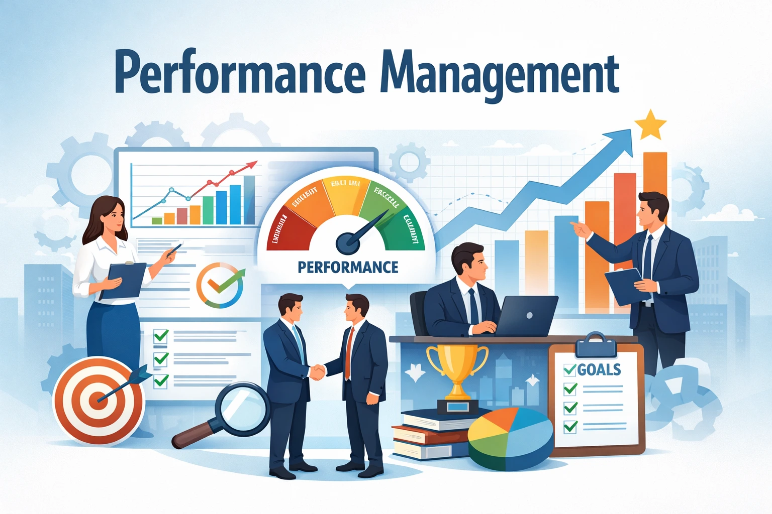 Illustration representing performance management, showing KPIs, dashboards, charts, and growth arrows in a professional corporate style.