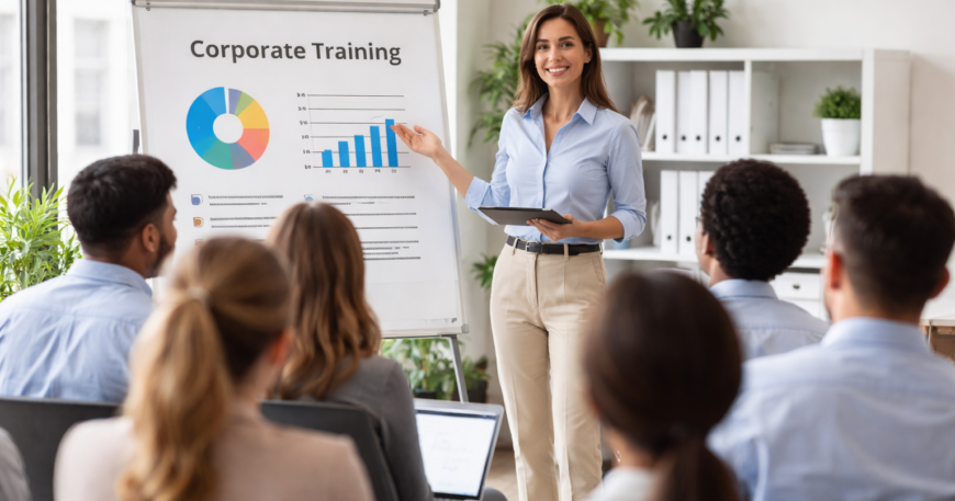 Employees attending a corporate training session in a modern office setting.