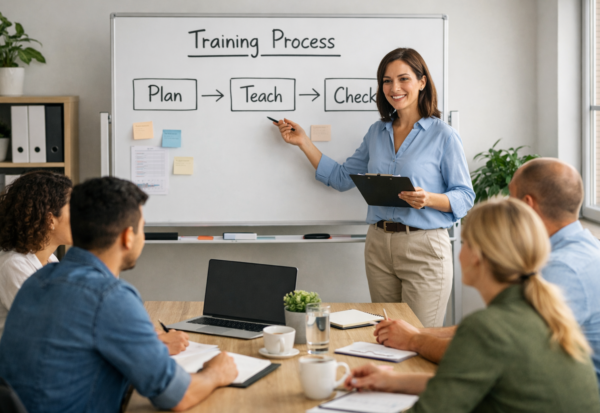 Corporate training session showing employees learning the training process with Plan, Teach, and Check method