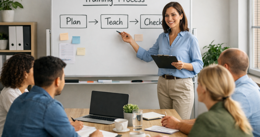 Corporate training session showing employees learning the training process with Plan, Teach, and Check method